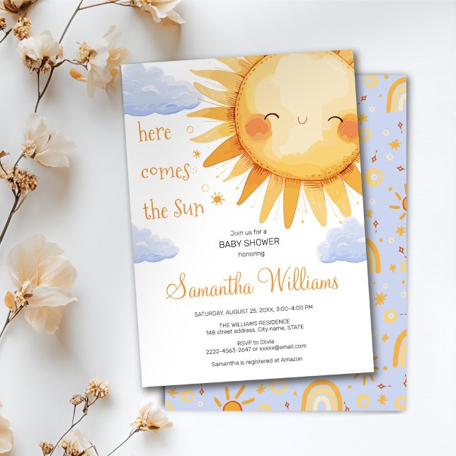 Här kommer inbjudan till den söta babyvisaren i So (Here comes the Sun watercolor cute baby shower invitation )