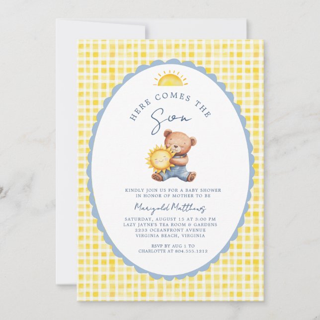 Här kommer lilla solen Björn Baby Shower Inbjudan (Framsida)