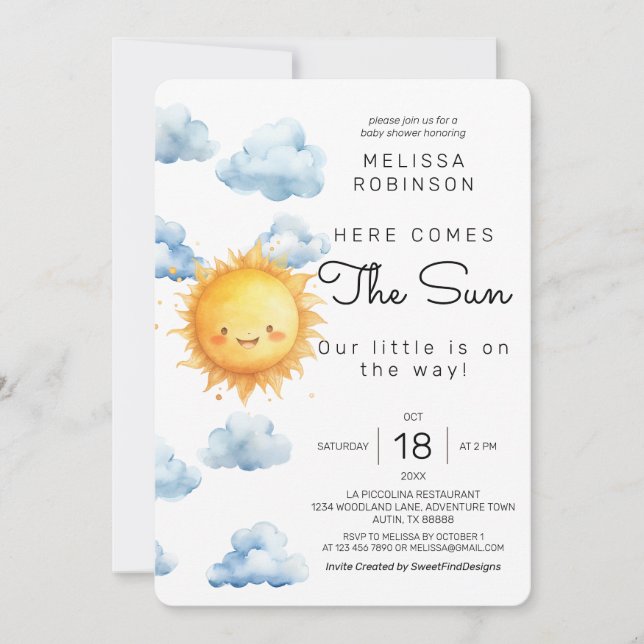 Här kommer Pojke Shower för sol Watercolor Inbjudningar (Framsida)