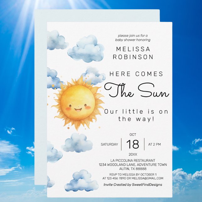 Här kommer Pojke Shower för sol Watercolor Inbjudningar (Here comes the sun Watercolor Baby Boy Shower Invitation)