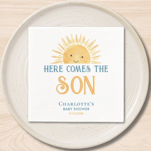 Här kommer pojken Baby Shower Pappersservett (Skapare uppladdad)
