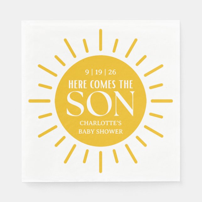 Här kommer pojken Baby Shower Pappersservett (Framsidan)