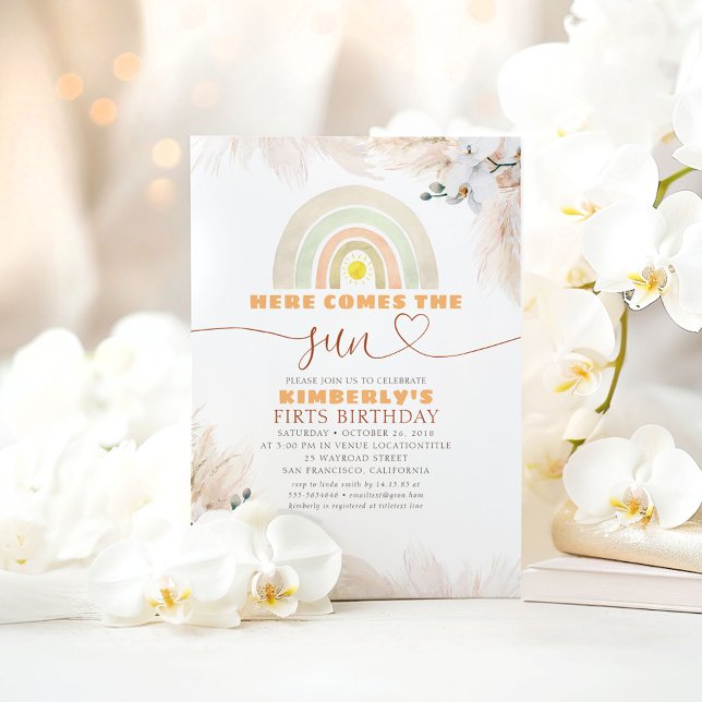 Här kommer regnbågens första födelsedag i Sol Inbjudningar (Here Comes The Sun Birthday Invitations)