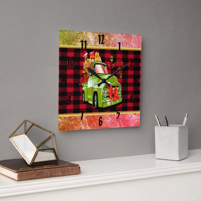 Här kommer Santa tass hund jul parad lastbil Fyrkantig Klocka (Kontor)