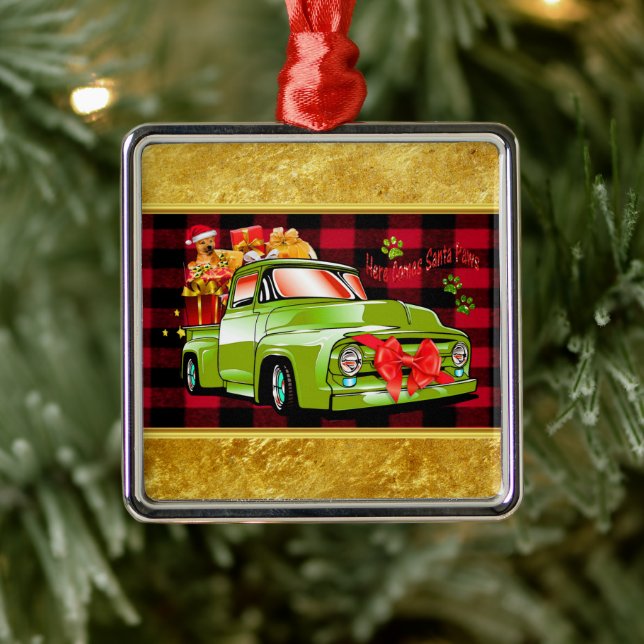 Här kommer Santa tass hund jul parad lastbil Julgransprydnad Metall (Träd)