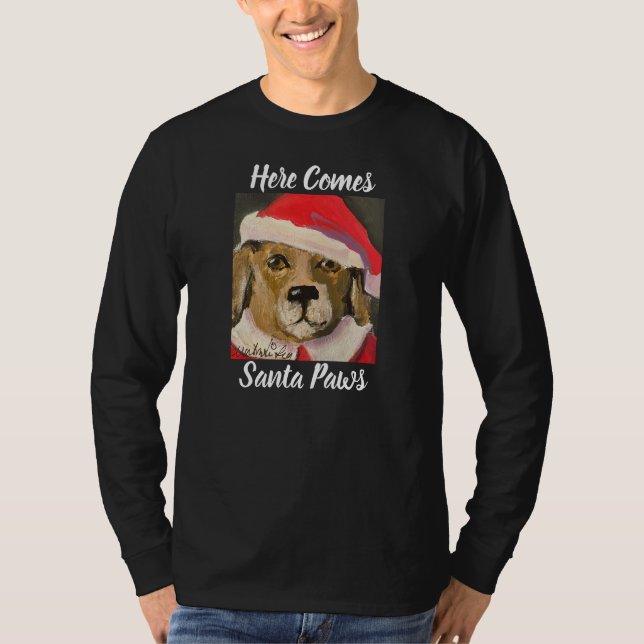 Här kommer Santa Tassar lustig Santa Hund Tee (Framsida)