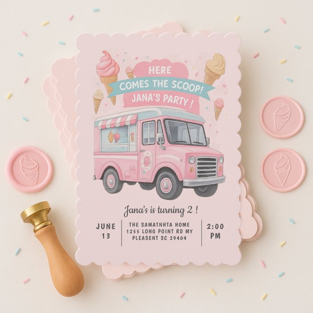 Här kommer skotten! Rosa Ice Cream Lastbil Inbjudningar (Skapare uppladdad)