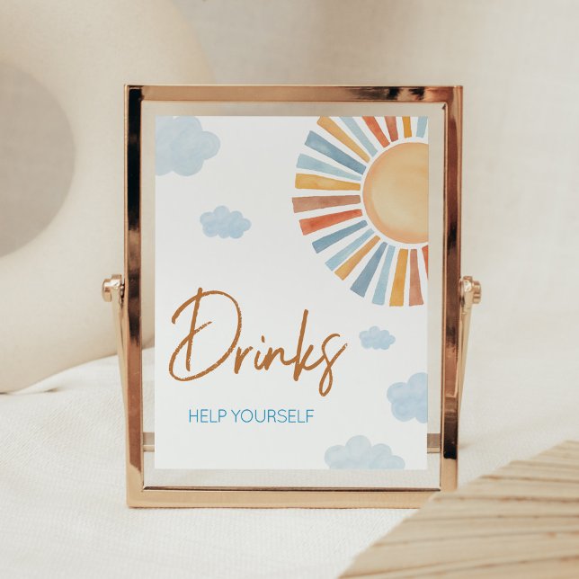 Här kommer Sol babyhandsknapparna Poster (Blue Boho Sunshine Baby Shower Drinks Sign)