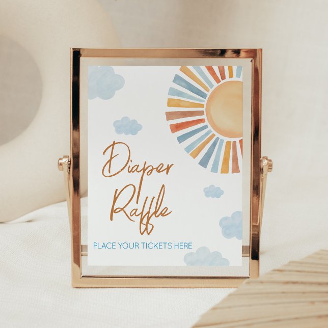 Här kommer Sol babyskårens dykare Raffle Poster (Blue Boho Sunshine Baby Shower Diaper Raffle Sign)