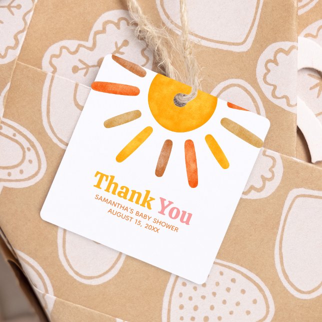 Här kommer Sol babyskorgen på babydisken Gåvor Etiketter (Here comes the Sun Sunshine Baby Shower Square Favor Tags)