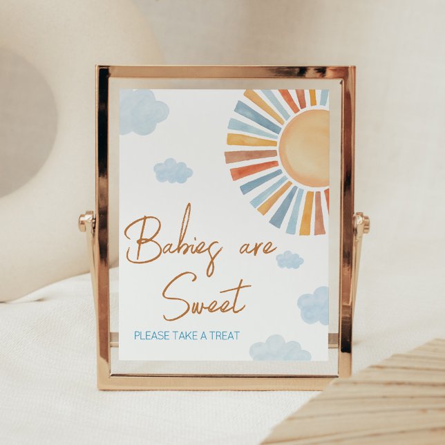 Här kommer Sol Barnshuset Spädbarn är sötat Poster (Blue Boho Sunshine Baby Shower Babies are Sweet Sign)