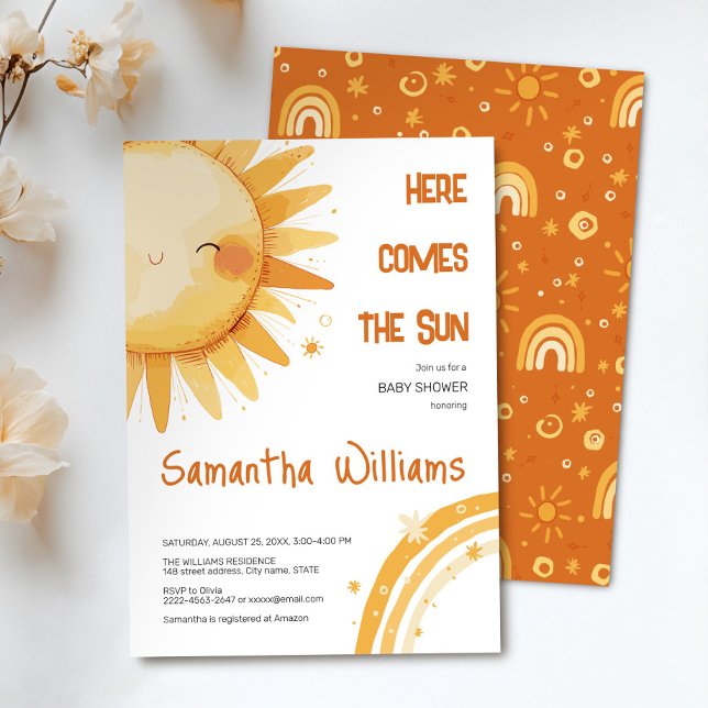 Här kommer Sol | Boho Rainbow Baby Shower Inbjudningar (Here comes the Sun watercolor cute baby shower invitation )