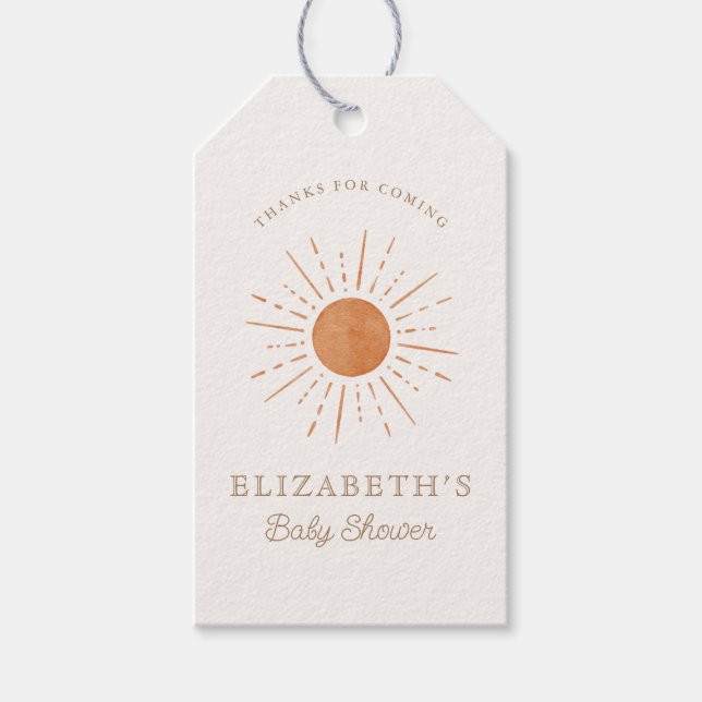 Här kommer sol Burnt Orange Sol Baby Shower Presentetikett (Framsidan)