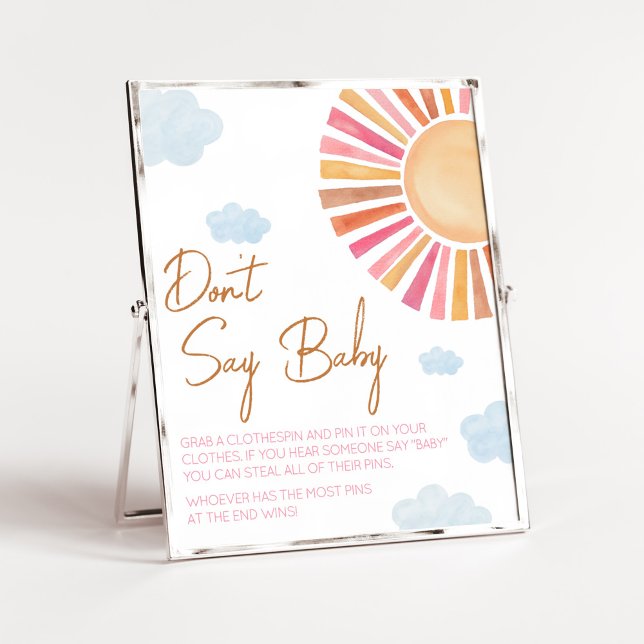 Här kommer Sol flicka babyduschen, säg inte Baby Poster (Sunshine Baby Shower Don't Say Baby Sign)