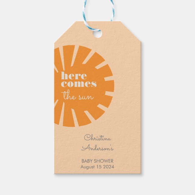 Här kommer Sol Retro Baby Shower Presentetikett (Framsidan)