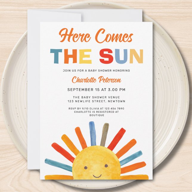 Här kommer Sol Sunshine Baby Shower Inbjudningar (Skapare uppladdad)