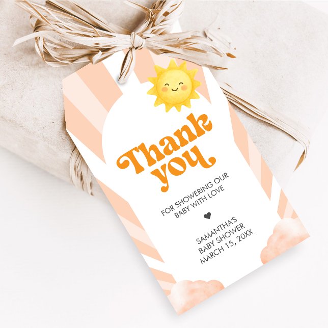 Här kommer solen Baby Shower Förmånsetiketter Presentetikett (Sunshine Baby Shower Favor Tags)