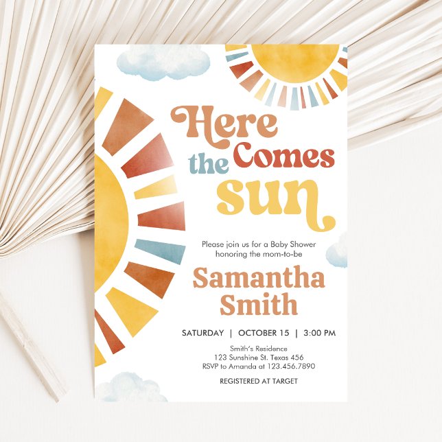 Här kommer solen Baby Shower Inbjudningar (Here Comes the Sun Retro Baby Shower Invitation)