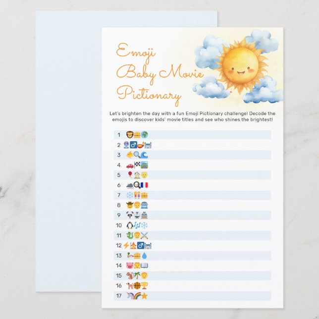 Här kommer solen Baby Shower Pictionary-spel (Fram/baksida)