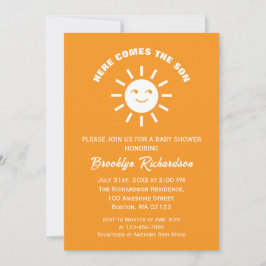Här kommer solsonen Orange Vit Baby Shower Inbjudningar