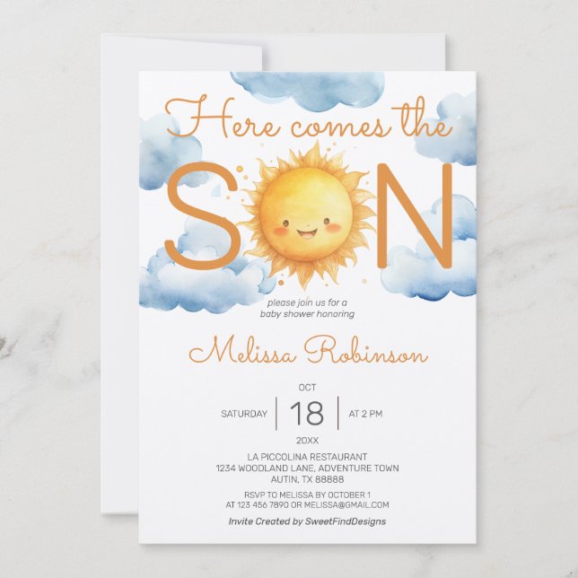 Här kommer Son Baby Shower Inbjudningar (Framsida)