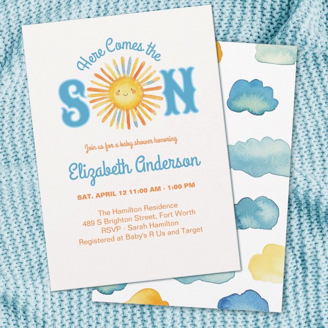 Här kommer Son Baby Shower Inbjudningar (A cute baby boy shower invitation with the theme,"Here Comes the Son" Adorable!)