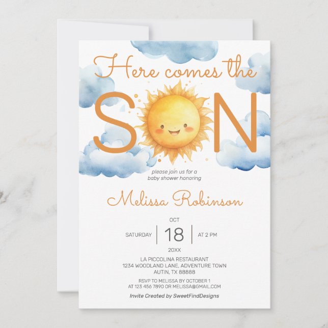 Här kommer Son Baby Shower Inbjudningar (Framsida)