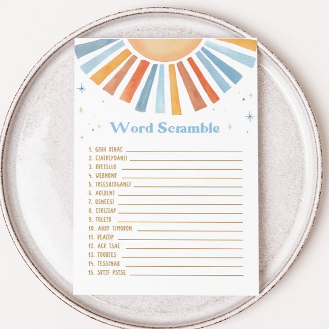 Här kommer Son Baby Shower Ord-skampen (Boho Sunshine Baby Shower Word Scramble Game)