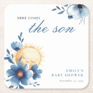 Här kommer Son Baby Shower Underlägg Papper Kvadrat