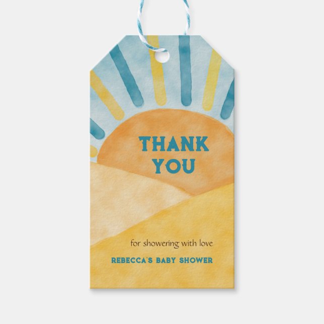 Här kommer Son Blue Rays Sunshine Baby Shower Presentetikett (Framsidan)