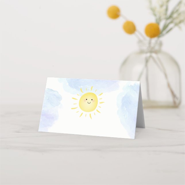 Här kommer Son Blue Sunshine Baby Shower Placeringskort (Framsida)