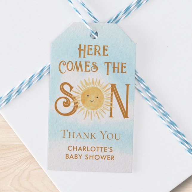 Här kommer Son Boho Baby Shower Presentetikett (Skapare uppladdad)