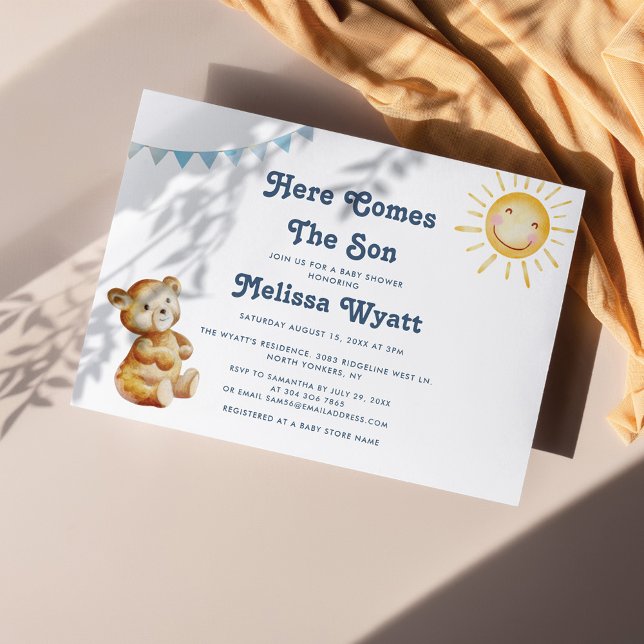 Här kommer Son Boho Bear Boy Shower Inbjudningar (Boho Bear and Sun Baby Shower Invitation)