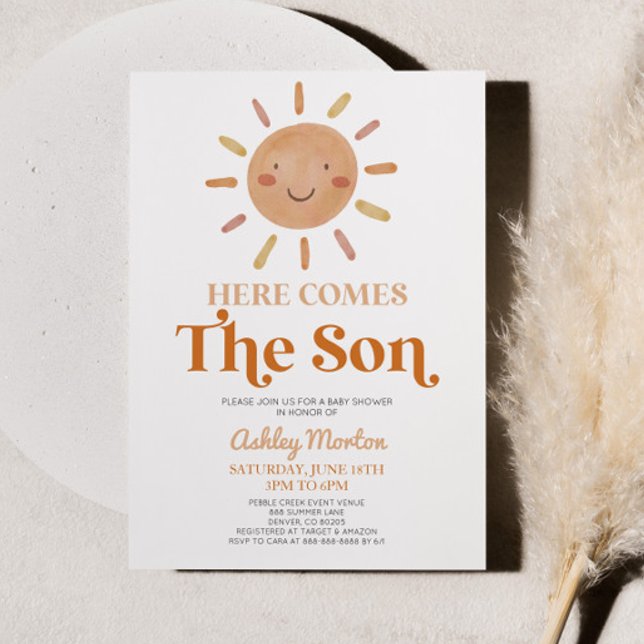 Här kommer Son Boho Bohemian Retro Baby Shower Inbjudningar (Skapare uppladdad)