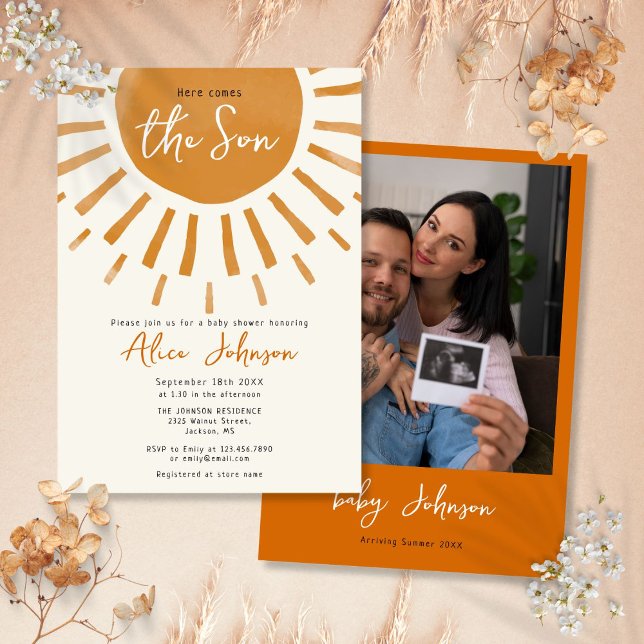 Här kommer Son Boho Boy Photo Baby Shower Inbjudningar (Here Comes The Son Boho Boy Photo Baby Shower Invitation)