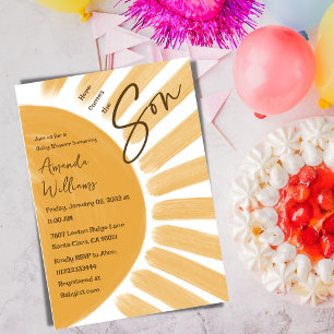 Här kommer Son Boho Gult Sunshine Baby Shower Inbjudningar