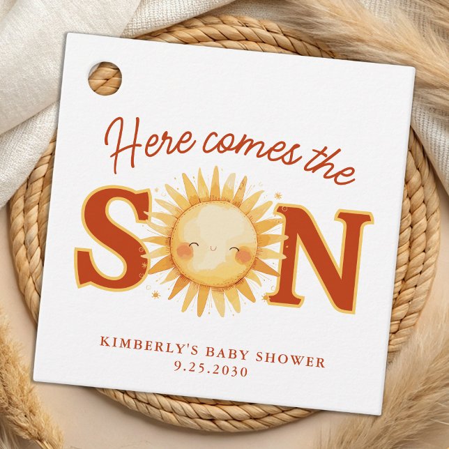 Här kommer Son Boho Sunshine Cute Baby Shower Gåvor Etiketter (Skapare uppladdad)