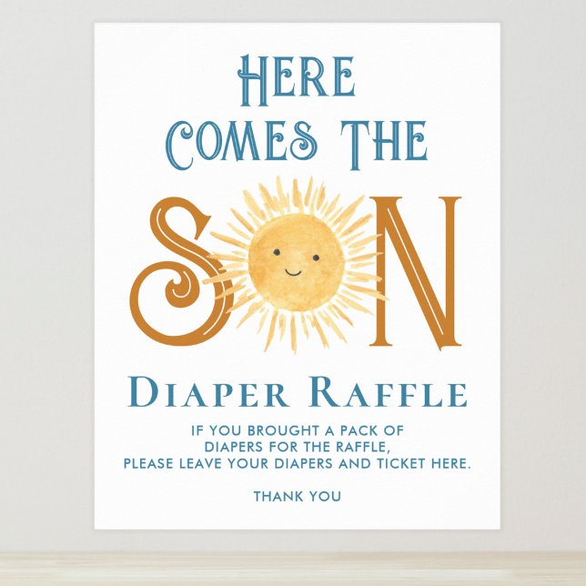 Här kommer Son Diaper Raffle Baby Shower-skylten Poster (Skapare uppladdad)