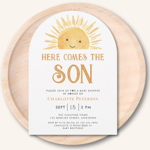 Här kommer Son Gult Sol Arch Baby Shower Inbjudningar