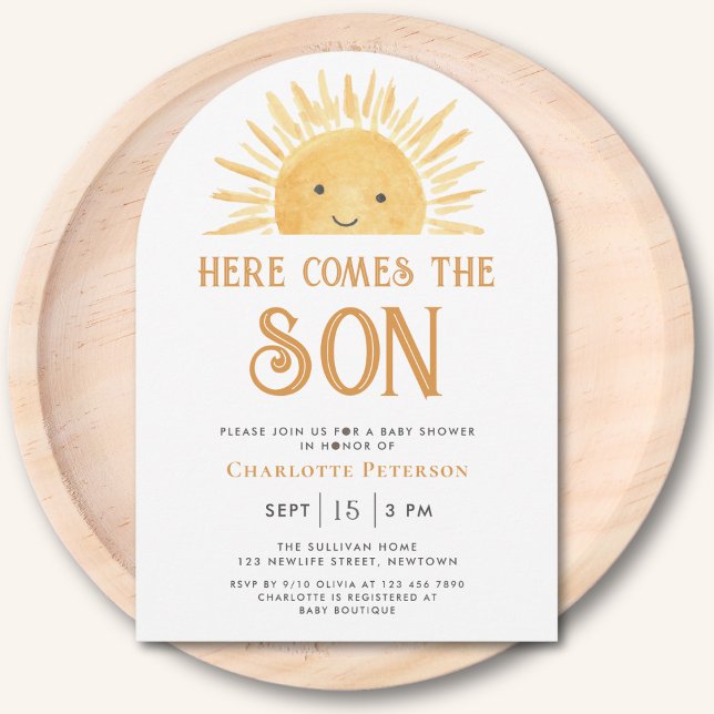 Här kommer Son Gult Sol Arch Baby Shower Inbjudningar (Skapare uppladdad)