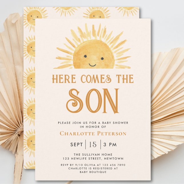 Här kommer Son Gult Sunshine Baby Shower Inbjudningar (Skapare uppladdad)