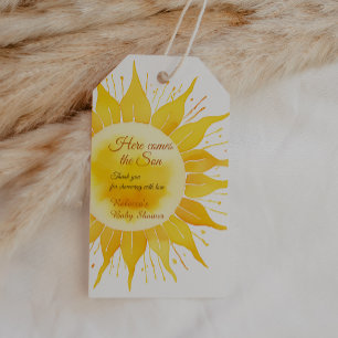 Här kommer Son Gult Sunshine Baby Shower Presentetikett