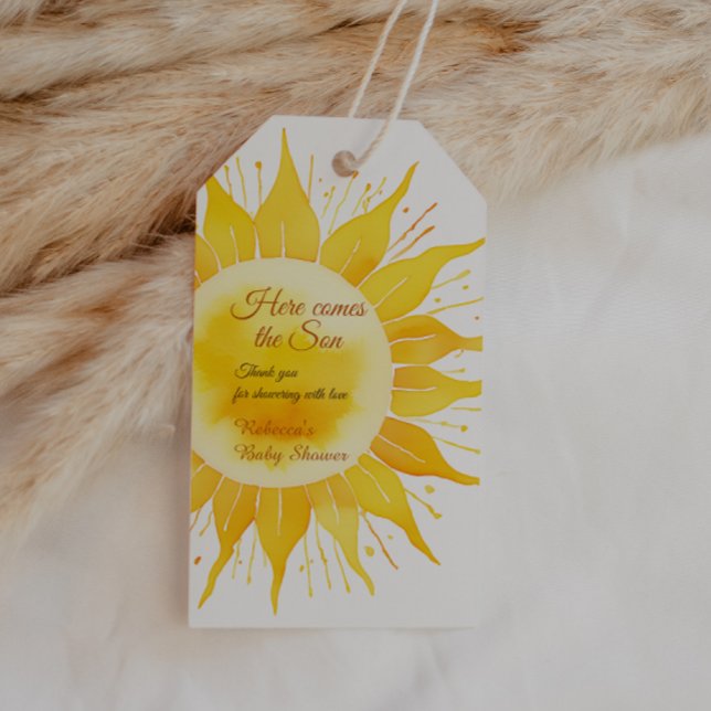 Här kommer Son Gult Sunshine Baby Shower Presentetikett (Skapare uppladdad)