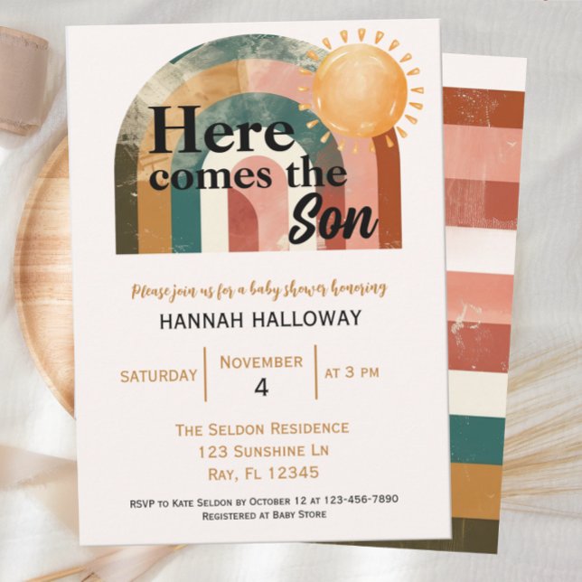 Här kommer Son Masculine Rainbow Baby Shower Inbjudningar (Skapare uppladdad)