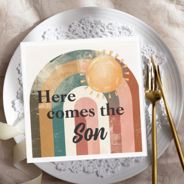Här kommer Son Masculine Rainbow Baby Shower Pappersservett (Skapare uppladdad)