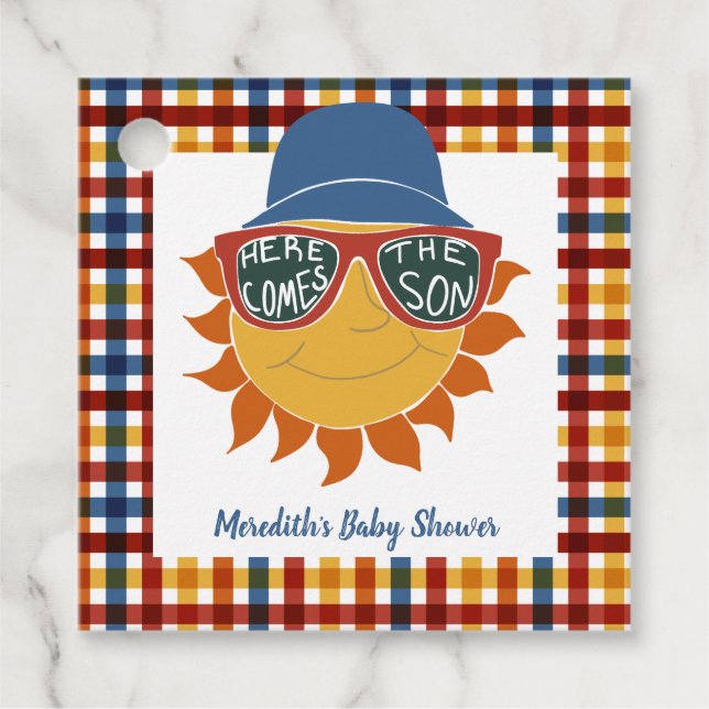 Här kommer Son Play Pojke Shower Gåvor Etiketter (Framsida)