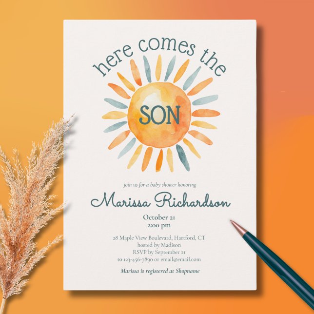 Här kommer Son Pojke Shower Inbjudningar (here comes the son baby boy shower invitation, cute retro watercolor sun ray of sunshine)
