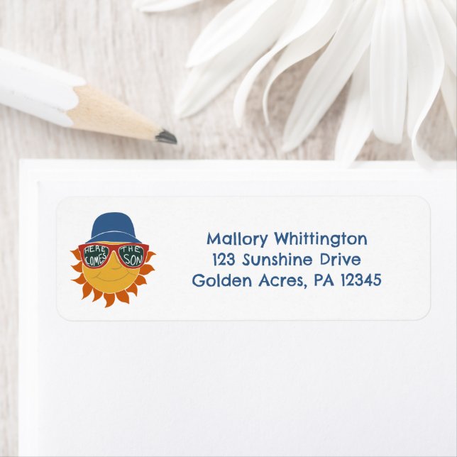 Här kommer Son Pojke Shower Returadress Etikett (Insitu)