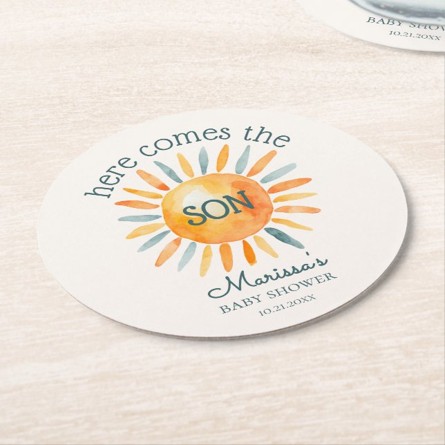 Här kommer Son Pojke Shower Underlägg Papper Rund (Vinklad)