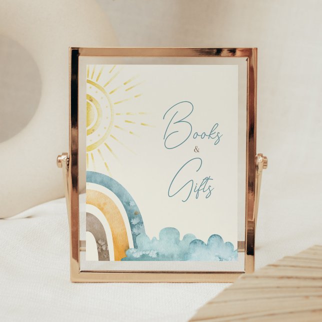 Här kommer Son Retro Baby Bokar och gåvor Poster (Boho Here Comes The Sun Baby Shower Books and Gifts Sign)